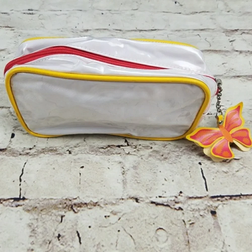 Clinique White Makeup Bag Cosmetic Zip Case Butterfly Yellow Red Orange Travel
